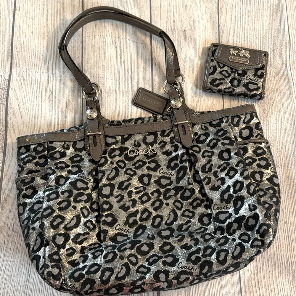 Coach Metallic Silver Ocelot Purse with matching wallet
